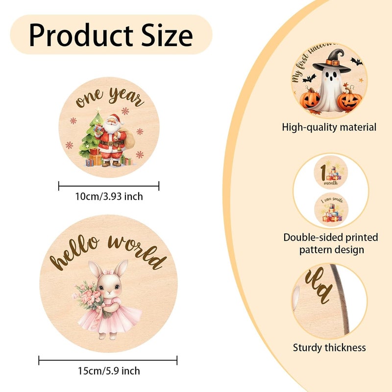 MCIAONE Baby Monthly Milestone Cards Rabbit - 13 Double Sided My First Holiday Milestone, Bunny Babies Shower Signs, Hello World Newborn Sign 1-12 Months for Photo Props, Welcome Baby Announcement Sign - Image 3